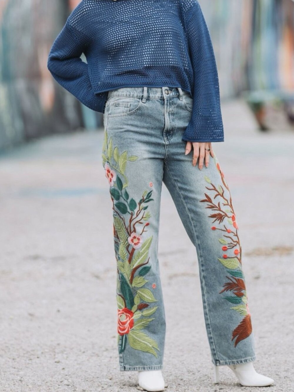Unisex VeryRare Sakura Pants Jeans Size M L XL Blue Embroidered Cherry Blossom - Picture 14 of 17